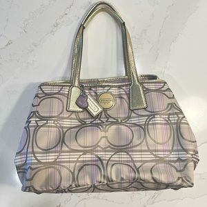 COACH Signature Beige Striped Tartan Plaid Carryall Bag